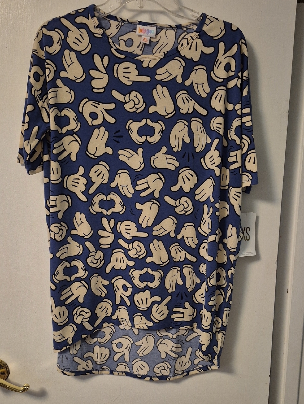 LuLaRoe Disney Blue Tee with Cream Mickey Hands Motif